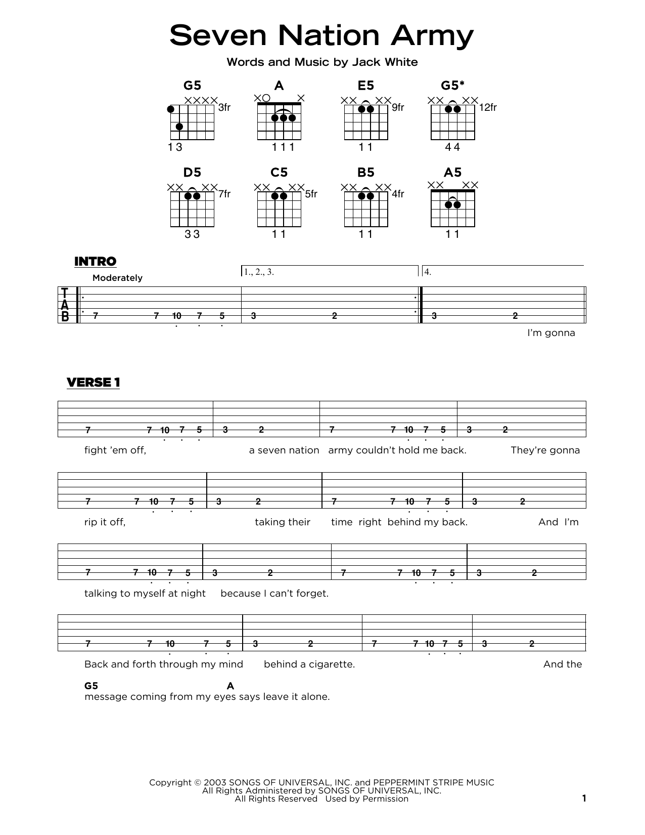 7 Nation Army Sheet Music For Electric Guitar