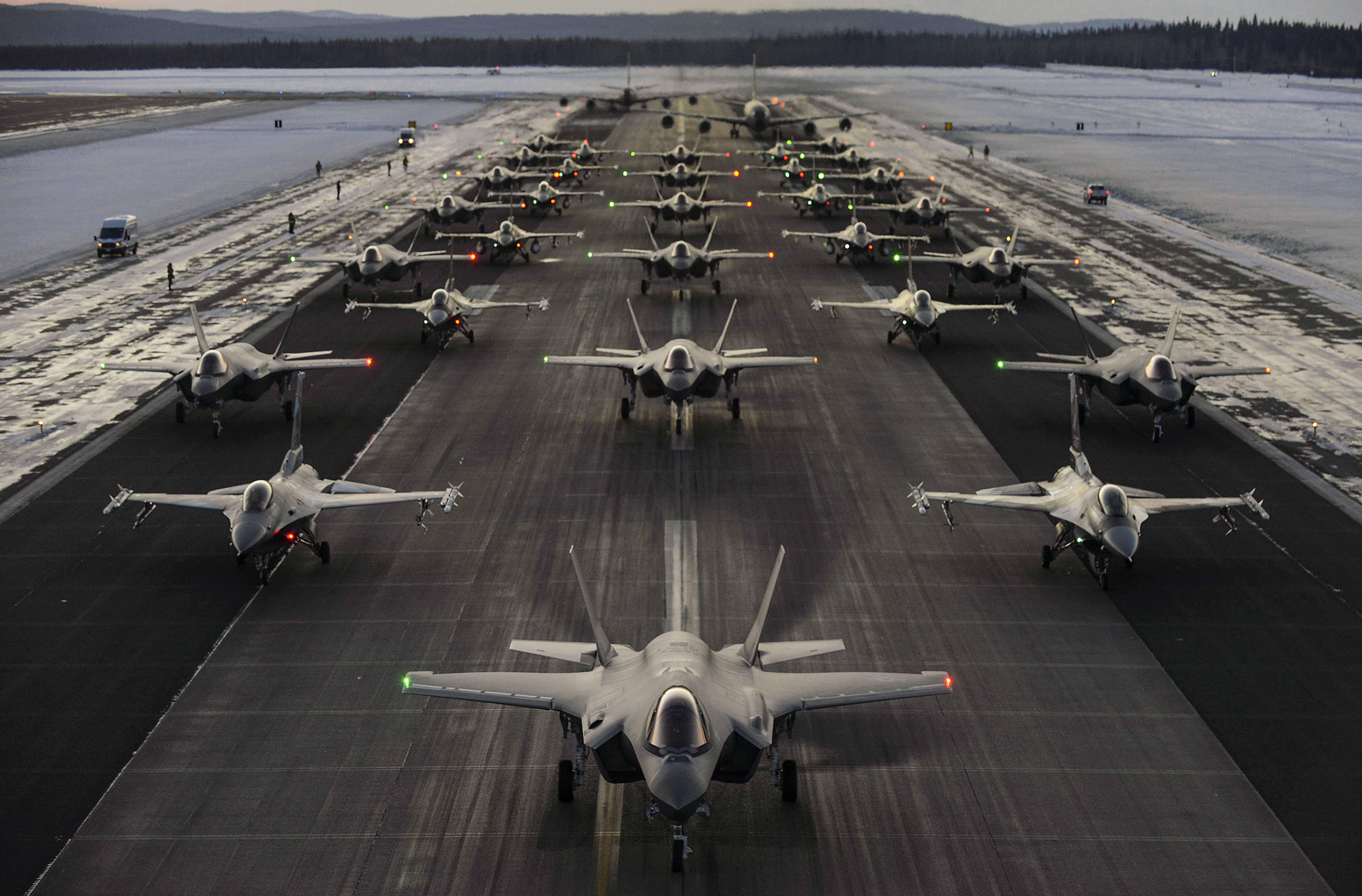 Air Force And Air National Guard Aircraft Line Up In Formation At