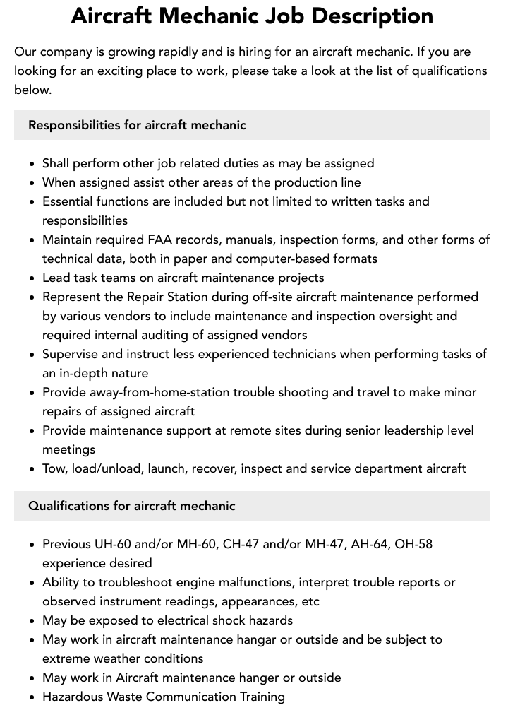 Aircraft Mechanic Job Description Velvet Jobs