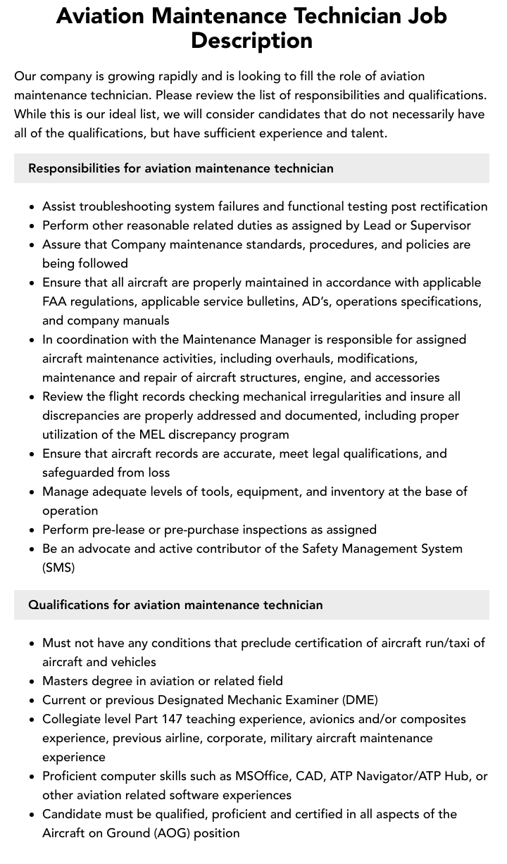 Aviation Maintenance Technician Job Description Velvet Jobs