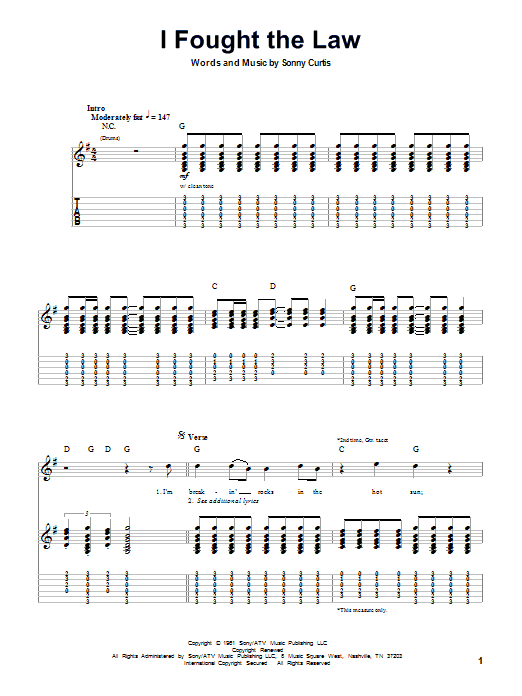 Bobby Fuller Four Amp Quot I Fought The Law Amp Quot Bass Tab In G Major Download Amp Print Sku Mn0100875