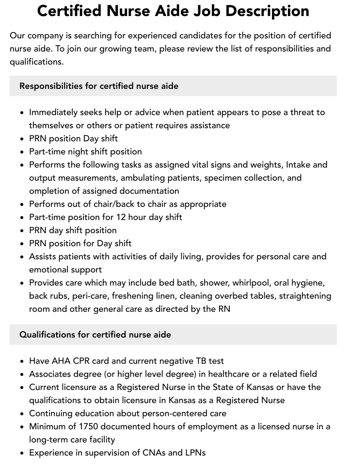 Certified Nurse Aide Job Description Velvet Jobs