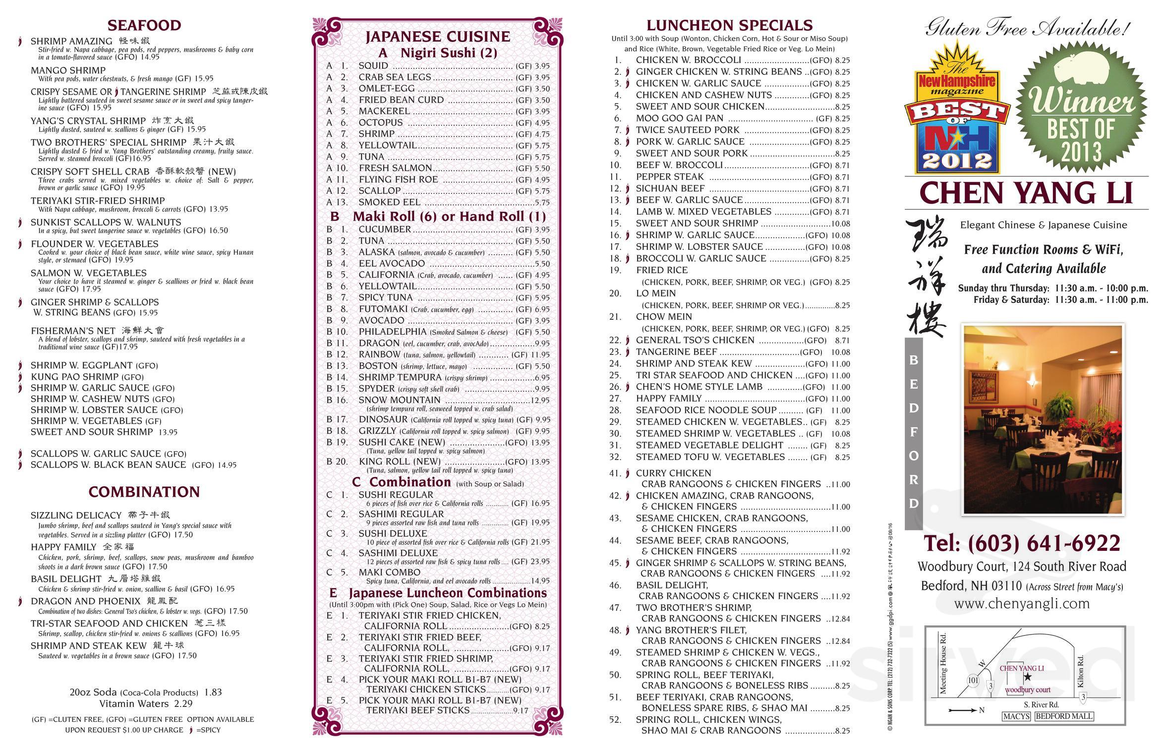 Chen Yang Li Chinese Restaurant Menu In Bedford New Hampshire