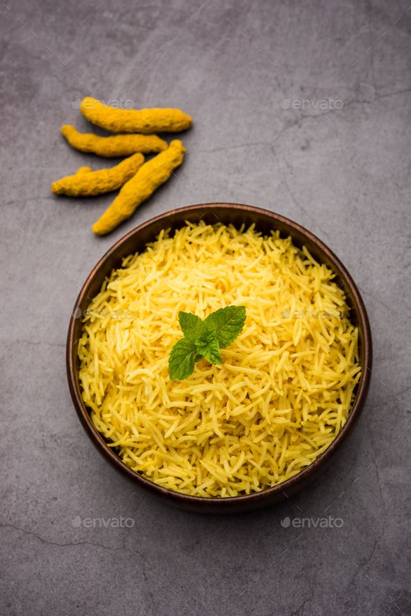 Cooked Turmeric Rice With Curcumin Or Haldi Powder Indian Food Stock