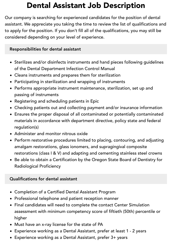 Dental Assistant Job Description Velvet Jobs