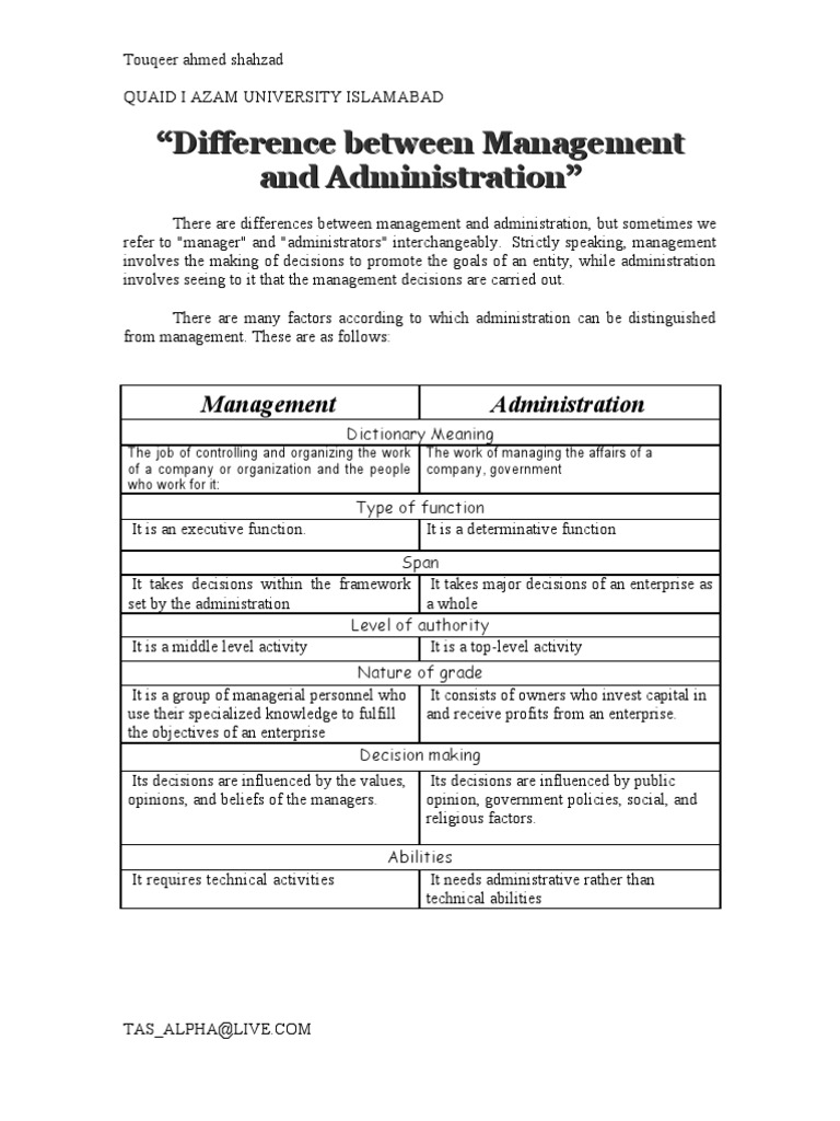 Difference Between Management And Administration With Comparison Chart