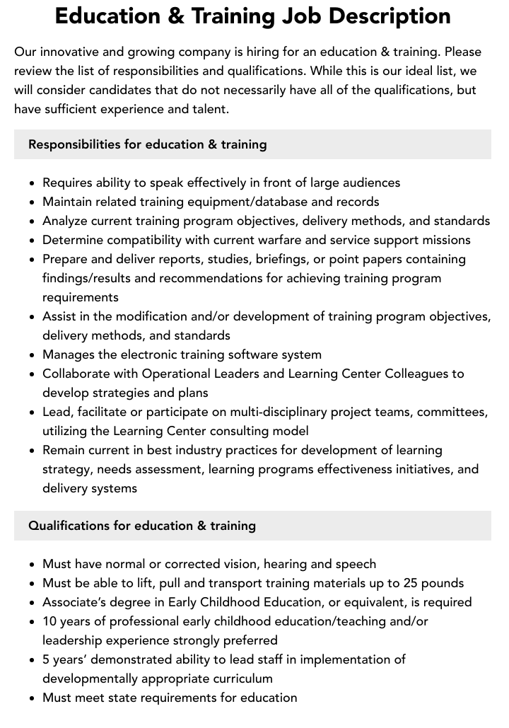 Education Training Job Description Velvet Jobs