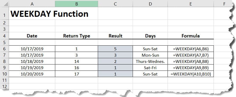 Excel Weekday Function Example Sample File