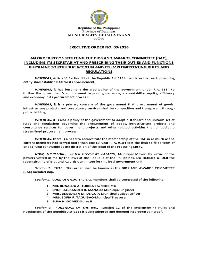 Executive Order No 03 2016 Procurement Government