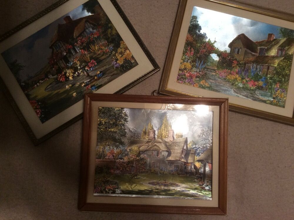 Fj Warren Ltd Dufex Foil Prints Hitchin Herts England Set Of 3 Cottages Vintage Art Prints