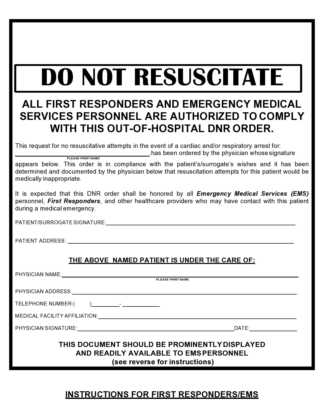 Free California Do Not Resuscitate Dnr Order Form Pdf Eforms