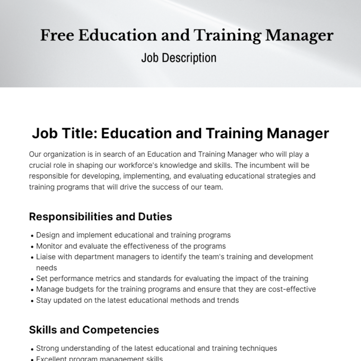 Free Education And Training Manager Job Description Template To Edit Online