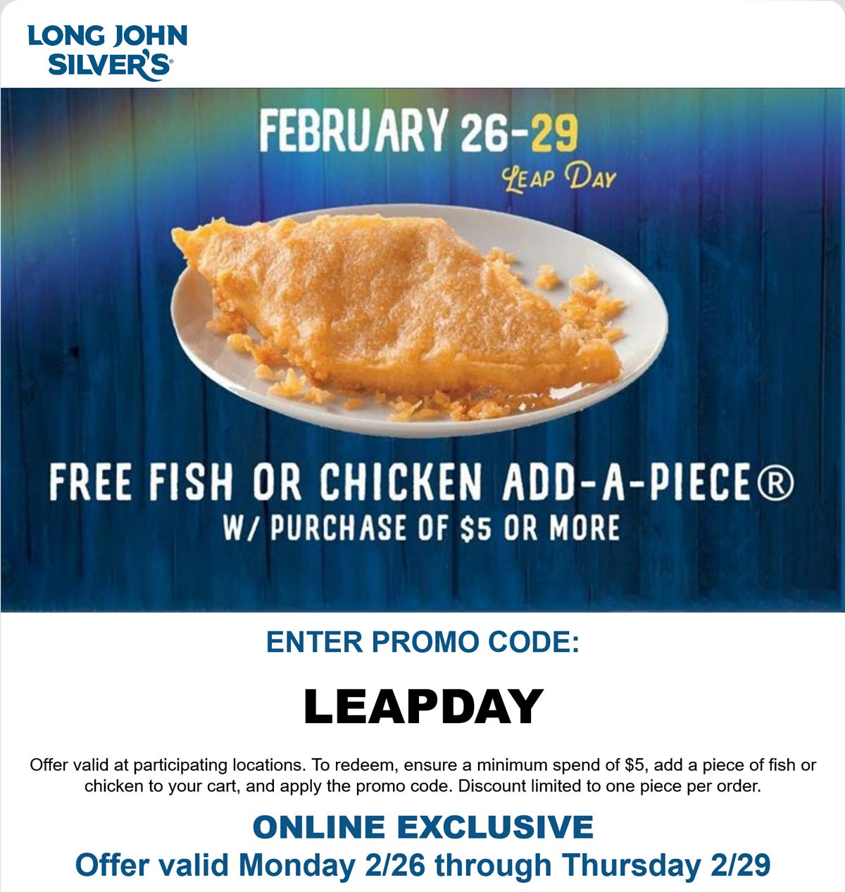 Free Fish Or Chicken On 5 Thursday At Long John Silvers Via Promo Code