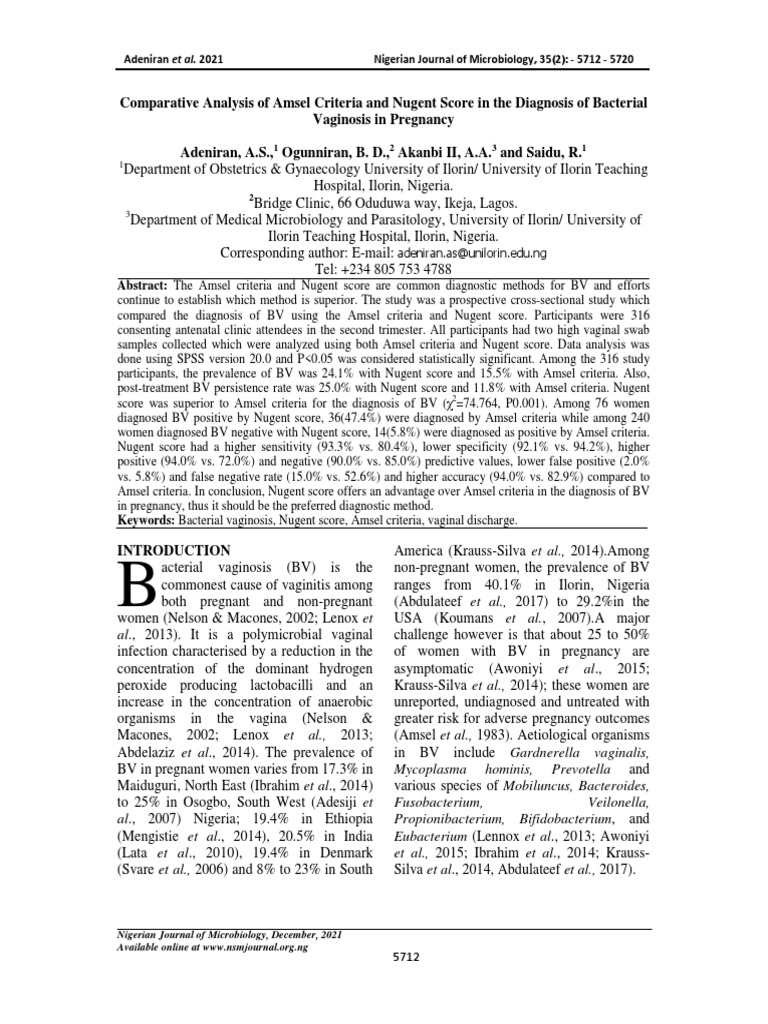 Gardnerella Vaginalis Bacterial Vaginosis Amsel Criteria Nugent