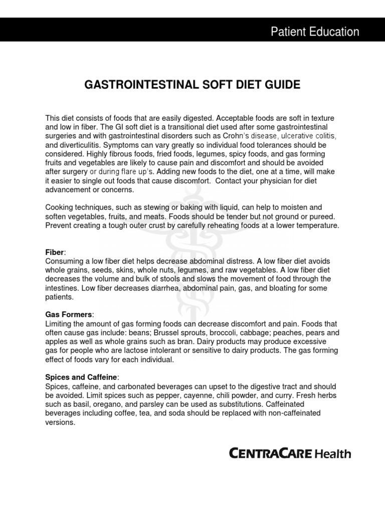 Guide To Gi Soft Diet A Gastrointestinal Soft Diet Is A Low Residue