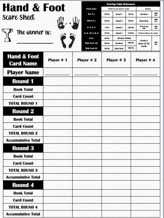 Hand And Foot Score Sheet Hand And Foot Rules Hand Foot Score Card