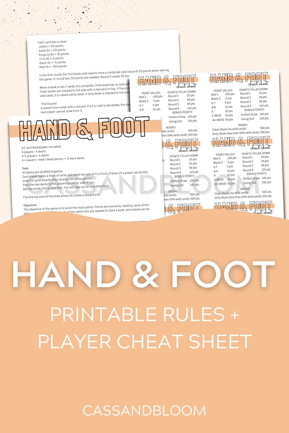 Hand Foot Rules Score Card Cheat Sheet Printable Etsy