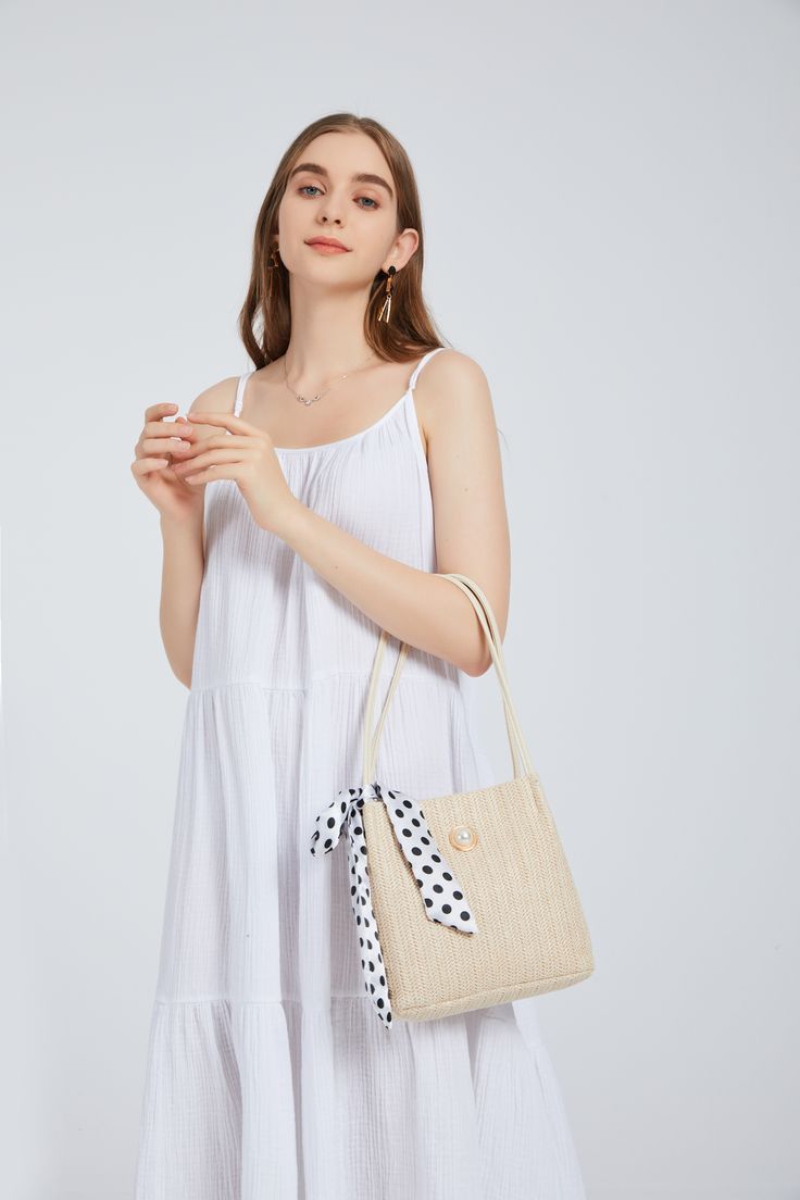 Miss Lulu Woven Straw Design Shoulder Bag With Polka Dot Scarf