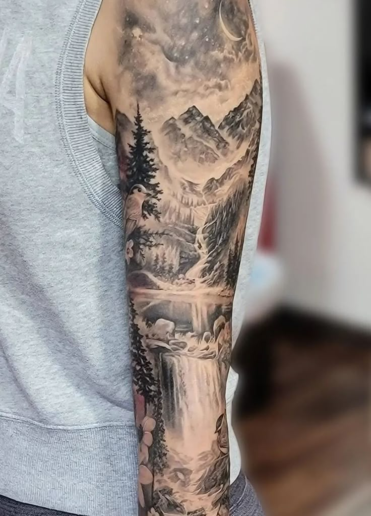 Mountain Scenery Sleeve Tattoo Scenery Tattoo Sleeve Tattoos Nature