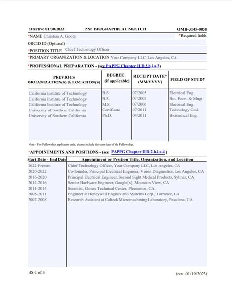 Nsf Sbir Biosketch Template Medtech Founder