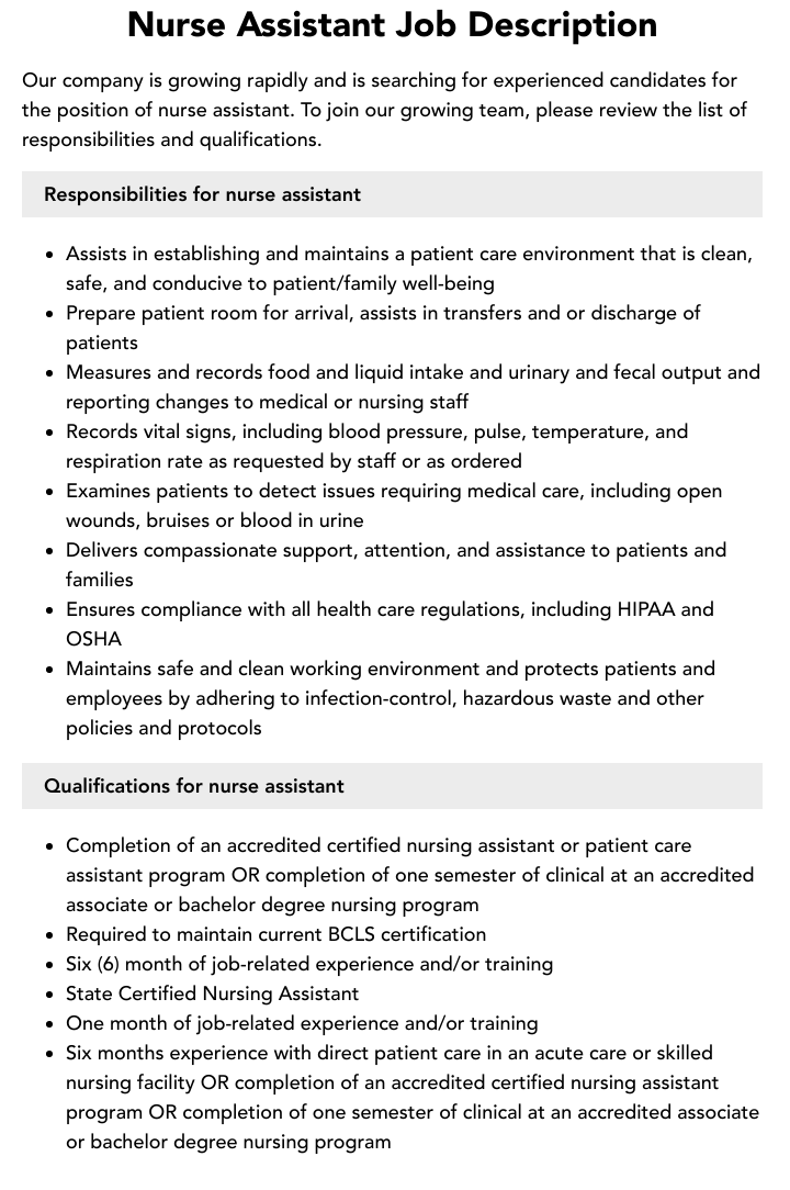 Nurse Assistant Job Description Velvet Jobs