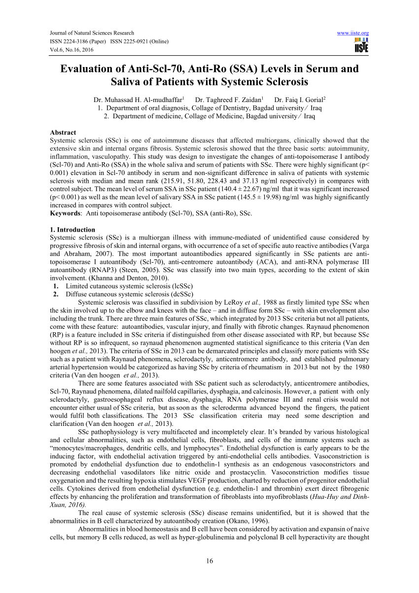 Pdf Evaluation Of Anti Scl 70 Anti Ro Ssa Levels In Serum And