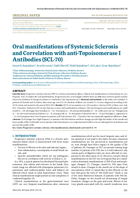 Pdf Oral Manifestations Of Systemic Sclerosis And Correlation With