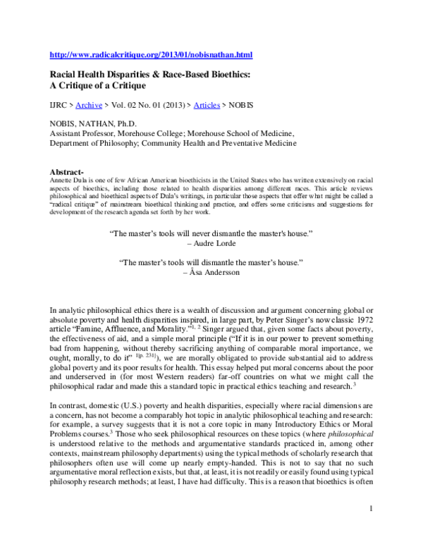 Pdf Racial Health Disparities Race Based Bioethics