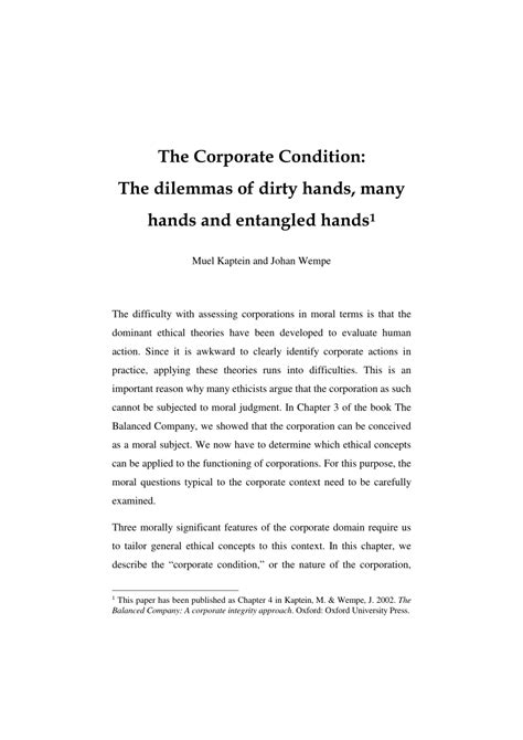 Pdf The Corporate Condition The Dilemmas Of Dirty Hands Many Hands