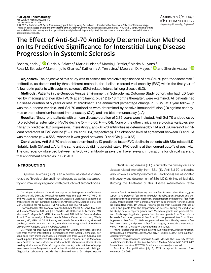 Pdf The Effect Of Anti Scl 70 Antibody Determination Method On Its