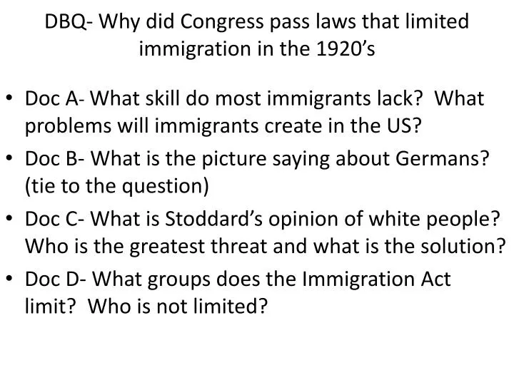 Ppt Dbq Why Did Congress Pass Laws That Limited Immigration In The