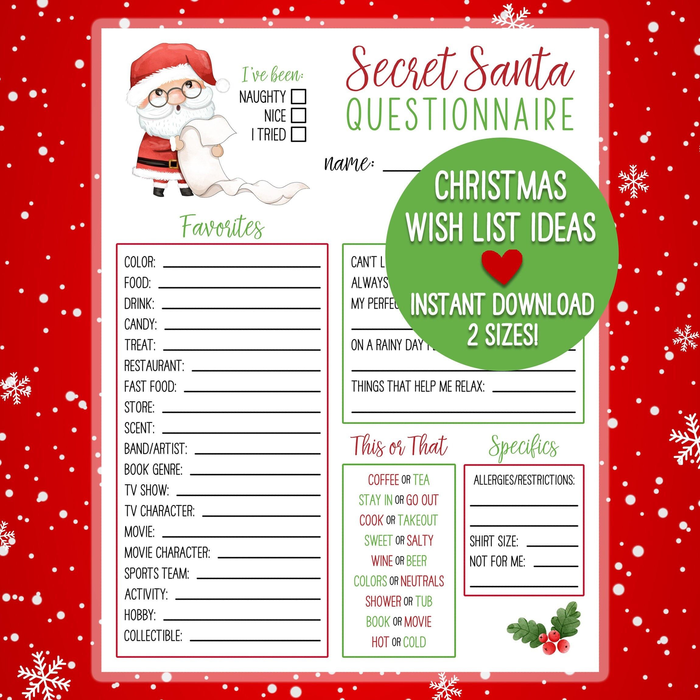 Printable Secret Santa Questionnaire For Christmas Gift Exchange