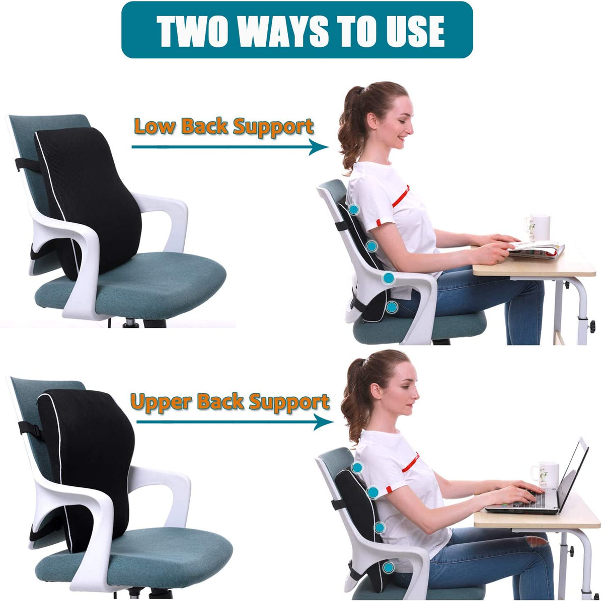 Qutool Ergonomic Backrests Black Lumbar Support Pillow For Office Chair