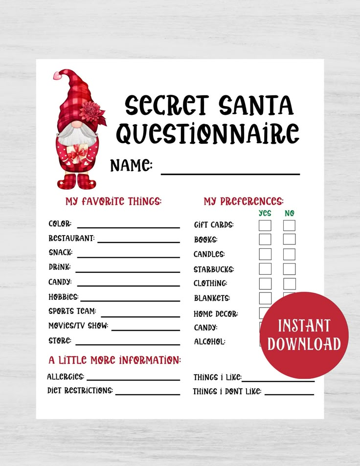 Red Secret Santa Questionnaire Secret Santa Form Printable Secret Santa