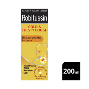 Robitussin Cold Chesty Cough Cough Liquid Raspberry 200Ml Woolworths