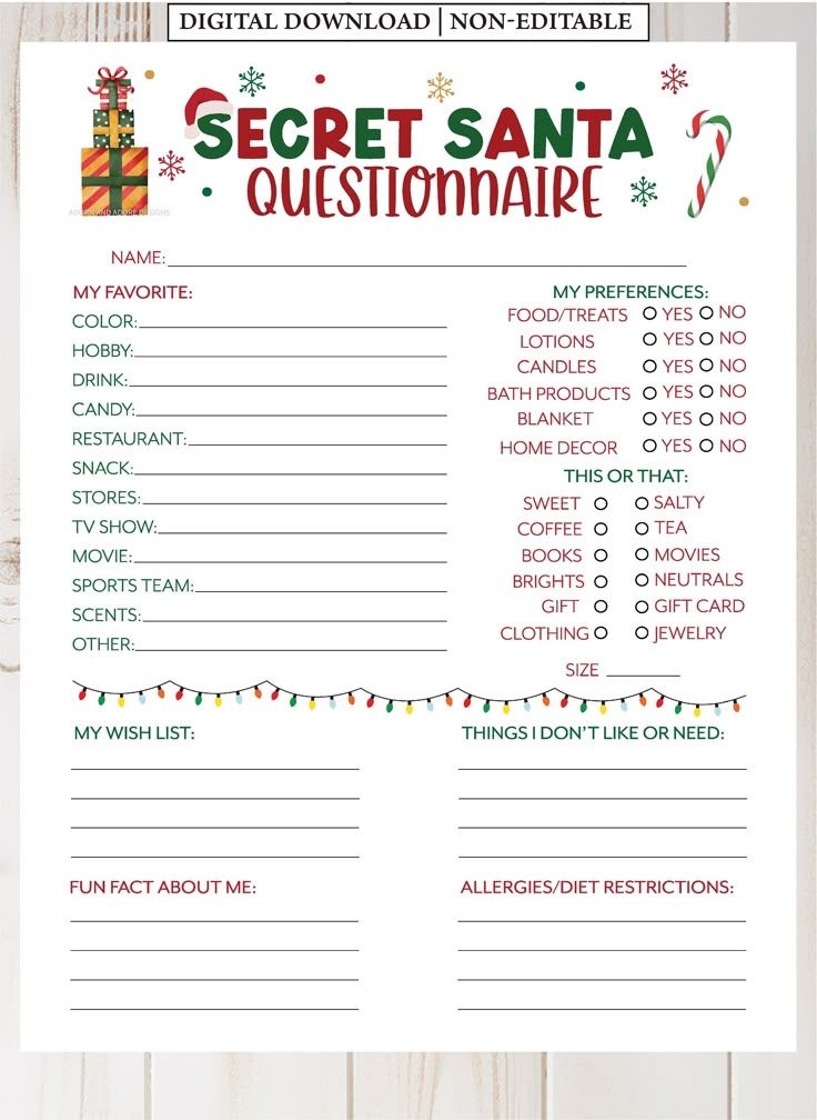 Secret Santa Questionnaire Etsy