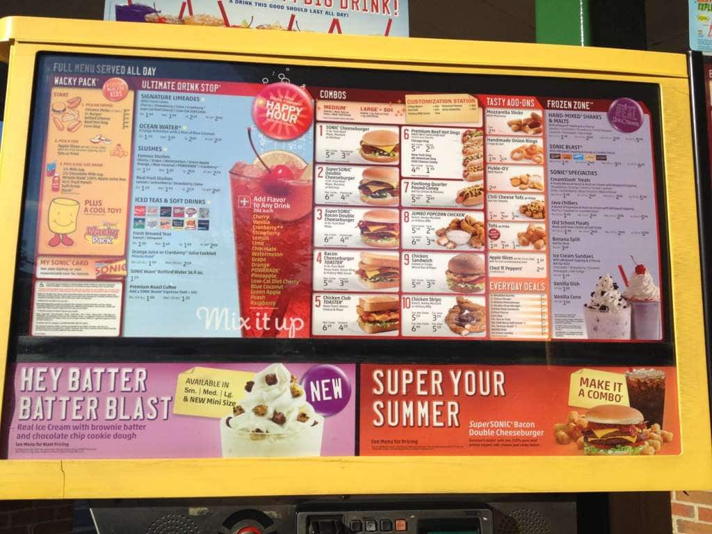 Sonic Drive In Menu In Memphis Tennessee Usa