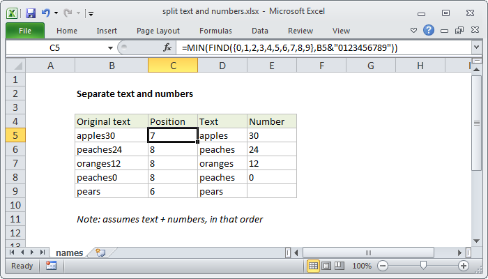 Split Text And Numbers Excel Formula Exceljet