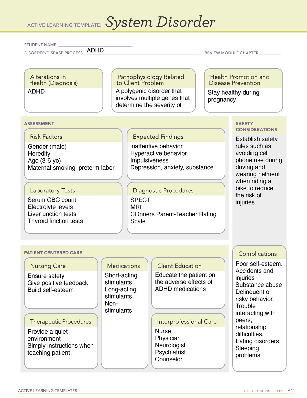 System Disorder Form 2 Ati Template Student Name Disorder Disease