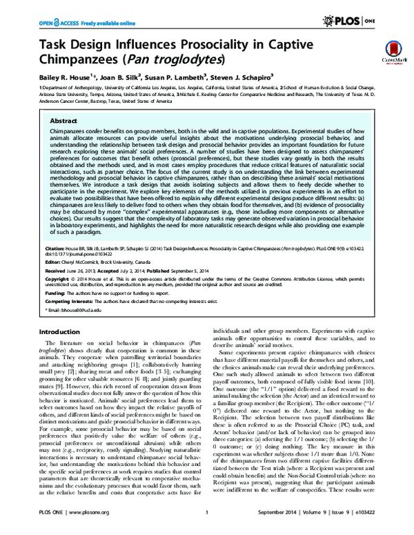 Task Design Influences Prosociality In Captive Chimpanzees Pan