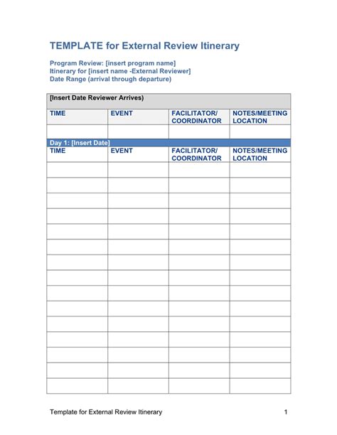 Template For External Review Itinerary In Word And Pdf Formats