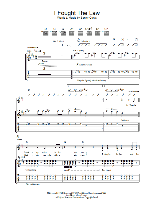 The Clash Amp Quot I Fought The Law Amp Quot Guitar Tab In D Major Download Amp Print Sku Mn0059347