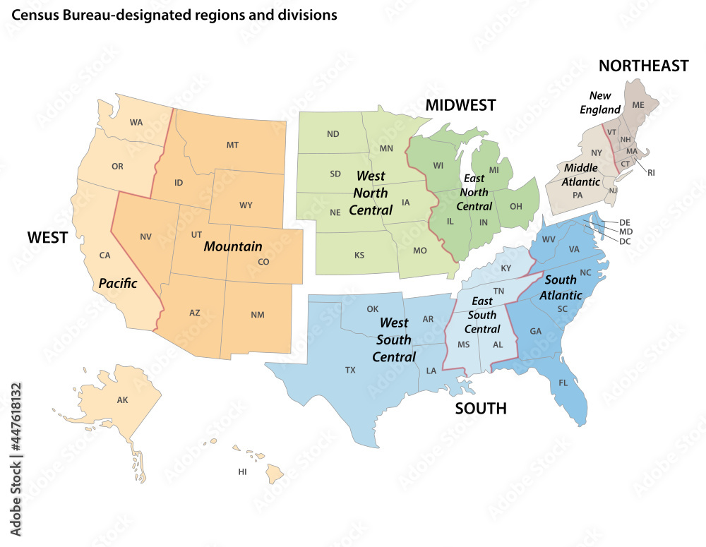 Vector Map Of The United States Census Bureau Designated Regions And