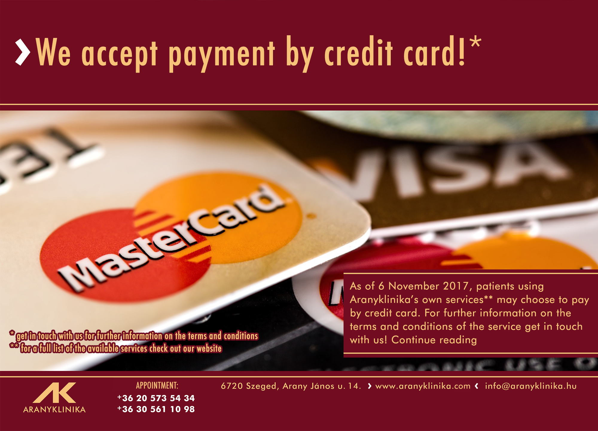 We Accept Payment By Credit Card Aranyklinika