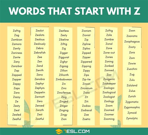 Words That Start With Z 600 Z Words 7Esl